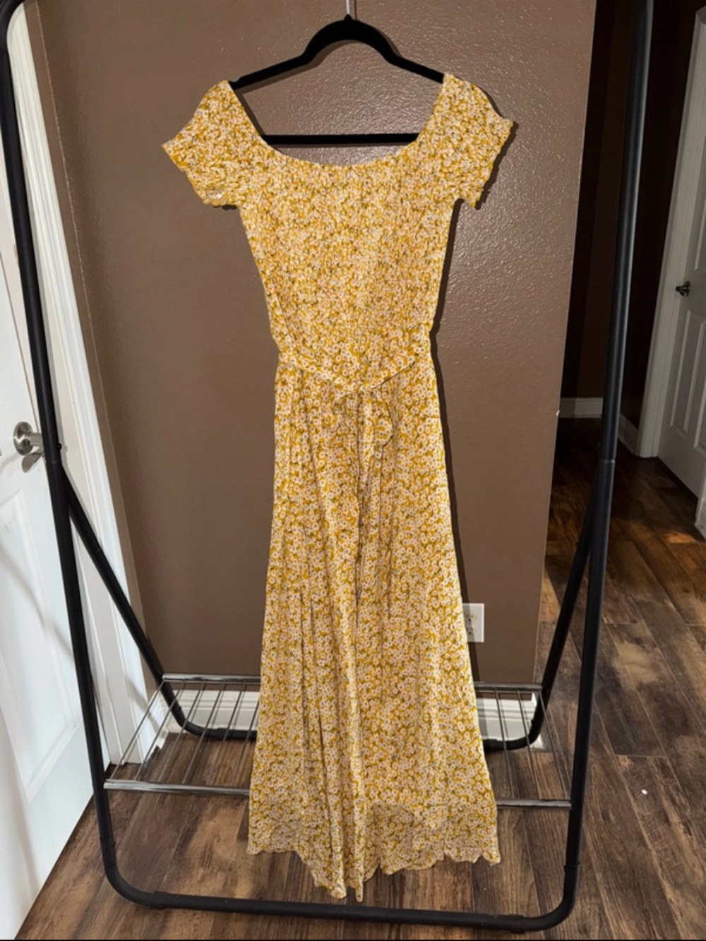 Aakaa Yellow Floral Off-Shoulder Maxi Dress with Smocked Bodice